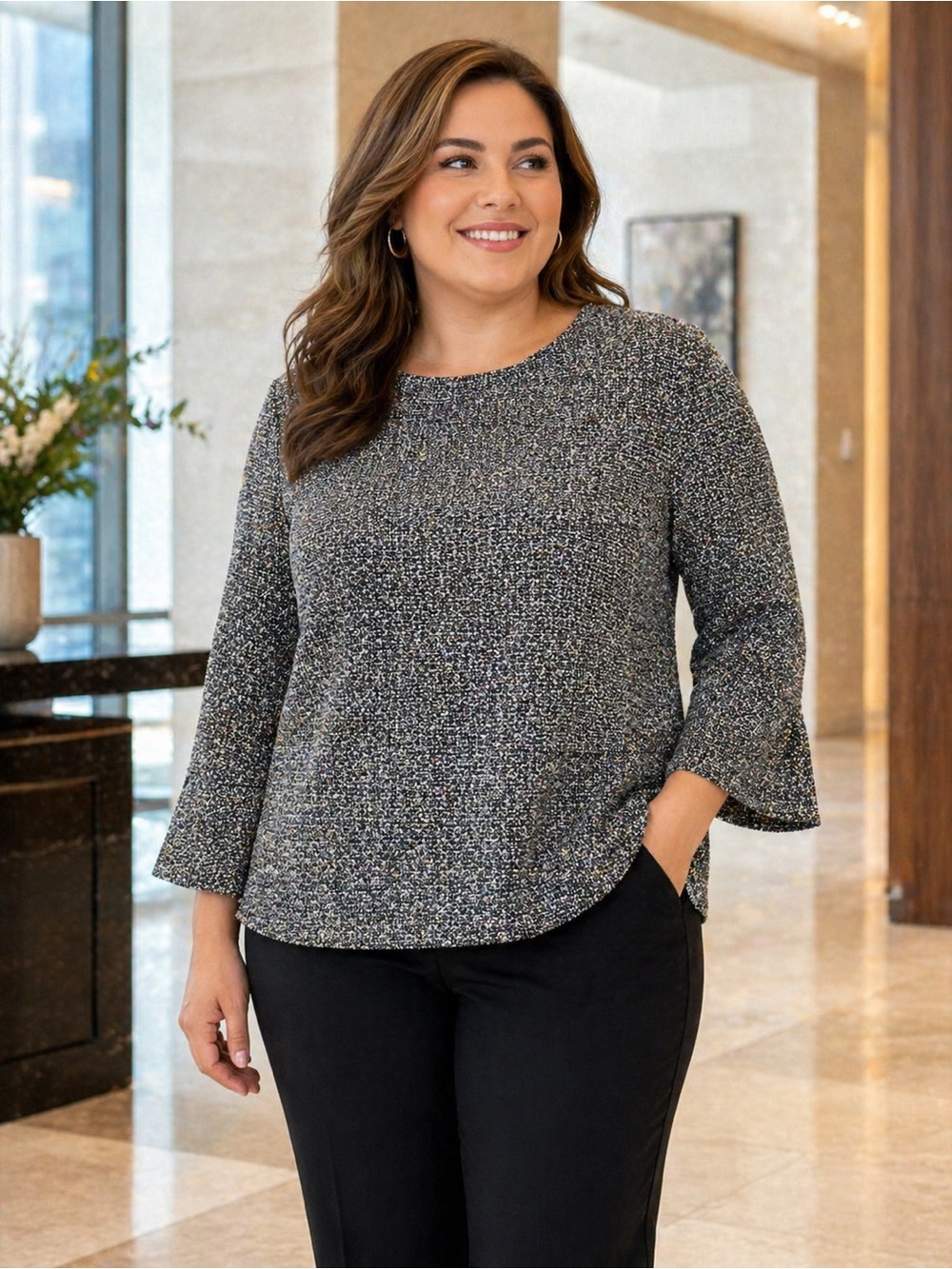 Ann Taylor Factory - Black White Multicolor Speckled - Textured Knit Top - XL